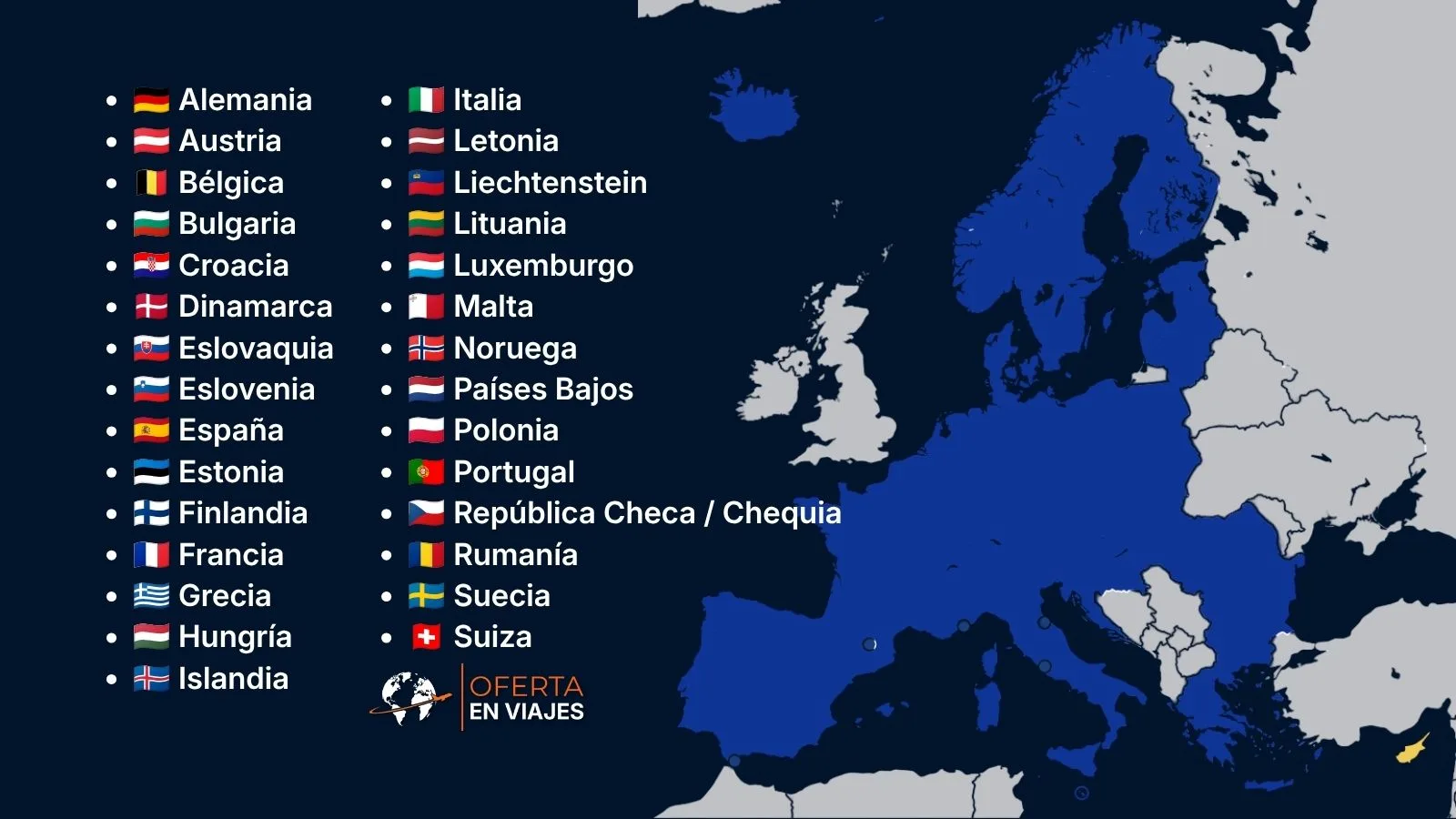 Mapa de los países que forman parte del espacio Schengen